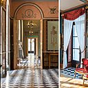 A gauche, enfilade du rez-de-chaussée, vue prise depuis la salle à manger, avec au fond, le salon de musique. A droite, les sièges du salon de musique, commandés à Jacob Frères en 1800, marquent l’entrée du style Consulat à Malmaison par leur forme inédite et jeu de couleurs.