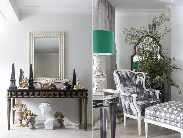 A gauche, ceinturé par un méandre grec, avec pieds droits cannelés surmontés d’un motif de palmette, console néo-classique, revisitée graphique, caractérisée par un effet noir mat et dessous ciré. A droite, chaise brisée Louis XVI, réinterprétée ave modernité, avec fauteuil et pouf qui jouent sur la fantaisie des tissus de couverture : Toile de Jouy effet de motif surdimensionnée et impression cannage. Collection 2017.