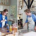 Préparation des couleurs par Julie. L’atelier possède sa propre gamme de couleurs obtenues à partir de mélanges personnels et recréées sur la base d’un catalogue de teintes réalisées au XVIIIème siècle. A droite, encrage des plaques d’impression par Jean-Baptiste. Sur le principe de la xylographie, une plaque métallique gravée en relief d’un premier motif est encrée en noir au rouleau. Ensuite, placée dans la presse, elle permet d’imprimer ce décor sur une feuille de papier.