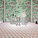 A la verticale, papier imprimé numériquement du décor spécialement créé pour le parfum Eau Dominotée de Diptyque.