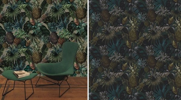 Collection Pineapple in the dark : des ananas surdimensionnés dans une forêt tropicale ultra sombre. Disponible en 3 couleurs, à gauche version Mulberry, à droite, version Ochre, existe aussi en version bronze. l 90 et 106 cm. Création Pascale Risbourg.
