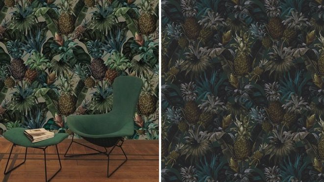 Collection Pineapple in the dark : des ananas surdimensionnés dans une forêt tropicale ultra sombre. Disponible en 3 couleurs, à gauche version Mulberry, à droite, version Ochre, existe aussi en version bronze. l 90 et 106 cm. Création Pascale Risbourg.