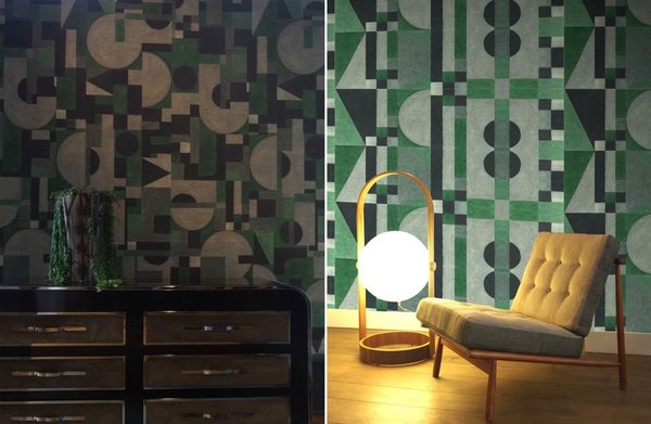 The Great Gatsby : formes architecturales avec mixage Art déco, teintes sourdes et mousseuses rendues par un traité particulier au pastel gras. En version rayures ou panneau mural. A gauche, modèle Graphic Panel et à droite, modèle Stripe. l 100 cm.