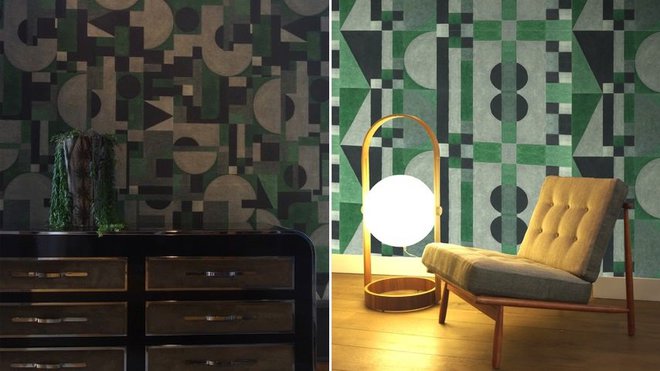 The Great Gatsby : formes architecturales avec mixage Art déco, teintes sourdes et mousseuses rendues par un traité particulier au pastel gras. En version rayures ou panneau mural. A gauche, modèle Graphic Panel et à droite, modèle Stripe. l 100 cm.