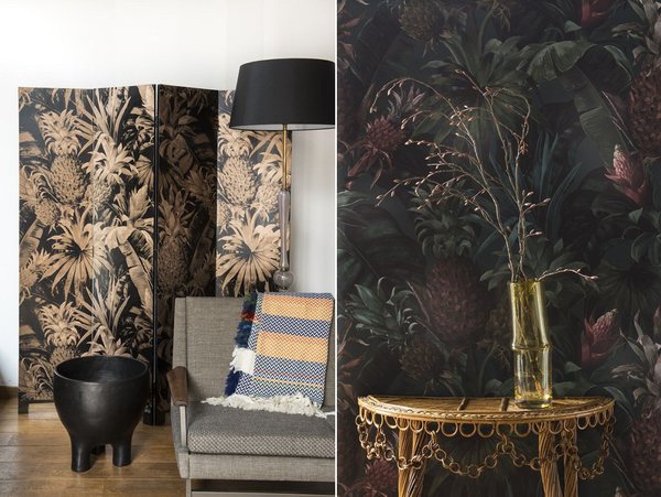 Collection Pineapple in the dark : en fonction de la couleur, le modèle crée deux ambiances très différentes. A gauche, sur un paravent, en version Bronze dans un décor contemporain d’inspiration Art déco. A droite, en version Mulberry, avec une console en bambou et métal dans un style exotique revisité. l 90 et 106 cm.