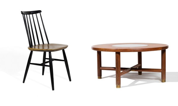 Chaise Fanett vintage, création Ilmari Tapiovaara, 250 €. Table basse vintage en bois (D 97 x H 45 cm), 720 €.