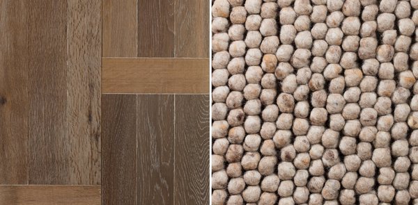 Parquet en chêne huilé Cambridge, 108,60 €, le m². Moquette en laine beige.