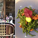 Un tête à tête en terrasse du Flaubert. Et à droite, salade d’haricots verts avec des morilles, une crème d’oignon nouveau et des courgettes violon.