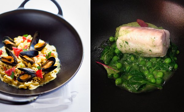 A gauche, coquillettes moules chorizo. A droite, cabillaud confit à l’huile d’olive avec des petit pois, des épinards à l’étuvée et des condiments à l’oseille.