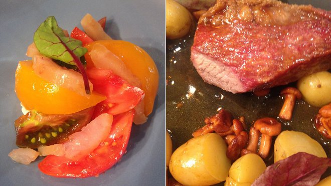 A gauche, salade de tomates anciennes, féra fumée et chèvre frais. A droite, échine de porc ibérique avec mousserons des bois et grenailles au jus.
