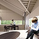 La géométrie de la maison offre de nombreuses possibilités pour intégrer des espaces de rangement dans les parois et les épaisseurs avec l’ajout éventuel de portes coulissantes.