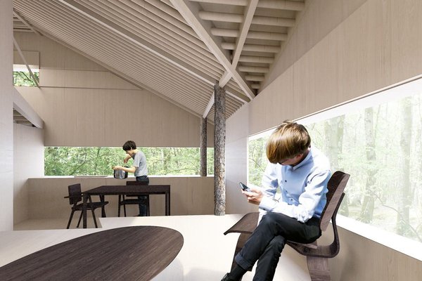 La géométrie de la maison offre de nombreuses possibilités pour intégrer des espaces de rangement dans les parois et les épaisseurs avec l’ajout éventuel de portes coulissantes.