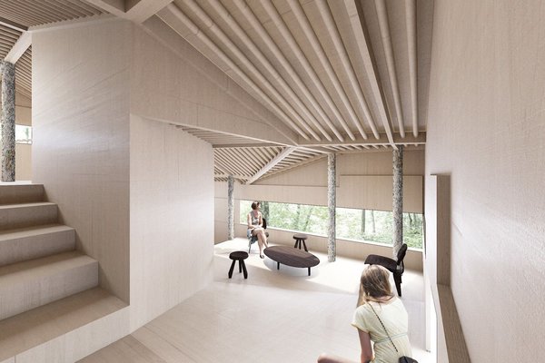 Les longues ouvertures horizontales permettent de laisser passer la lumière et découpent des vues panoramiques sur l’extérieur. Elles peuvent être cachées par des panneaux coulissants dans des rainures à même la paroi intérieure.