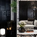 A gauche, panneau décoratif Partition avec jeux de tressages verticaux et horizontaux qui déclinent la gamme des noirs. A droite, paravent Nuage avec disques centraux et jeux de lignes verticales.