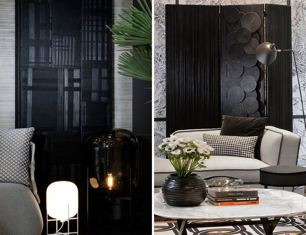 A gauche, panneau décoratif Partition avec jeux de tressages verticaux et horizontaux qui déclinent la gamme des noirs. A droite, paravent Nuage avec disques centraux et jeux de lignes verticales.