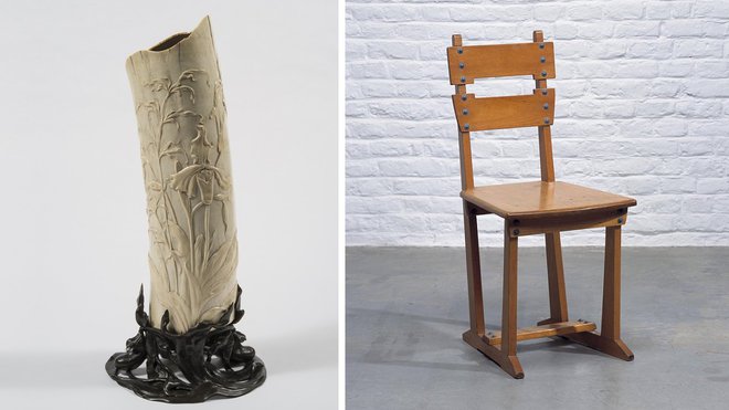 Le contraste de deux styles : à gauche, de style l’Art nouveau, vase en ivoire sculpté, provenant d’une défense d’éléphant ramenée du Congo belge, avec base en bronze, création Philippe Wolfers en 1895. A droite, exemple de design d’avant-garde et démocratique avec une chaise en bois de peuplier fabriqué en kit par les Meubles Silex à Liège, création de Gustave Serrurier-Bovy en 1906. Collection Province de Hainaut Le contraste de deux styles : à gauche, de style l’Art nouveau, vase en ivoire sculpté, provenant d’une défense d’éléphant ramenée du Congo belge, avec base en bronze, création Philippe Wolfers en 1895. A droite, exemple de design d’avant-garde et démocratique avec une chaise en bois de peuplier fabriqué en kit par les Meubles Silex à Liège, création de Gustave Serrurier-Bovy en 1906. Collection Province de Hainaut