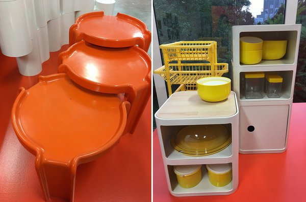 A gauche, un autre produit d’inspiration de la même époque, les tables d’appoint « Stackable side tables 4905-4907 », en ABS, création Giotto Stoppino, 1969-1983. A droite, les Componibili en version carrée et meubles pour la cuisine. La version carrée est toujours éditée par Kartell en blanc.