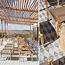 Le nouvel aménagement de la terrasse a été conçu avec des matériaux locaux, bois brut cuir et carreaux ciment dans un esprit contemporain et chic.