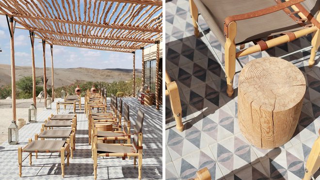 Le nouvel aménagement de la terrasse a été conçu avec des matériaux locaux, bois brut cuir et carreaux ciment dans un esprit contemporain et chic.