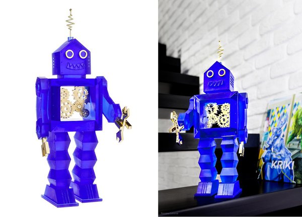 Fusion de l’art contemporain et du savoir-faire français verrier avec le robot Daumot 163, à tête de Fuzz, en pâte de verre colorée. Création Kriki pour Daum, édition d’art limitée à 99 exemplaires (H 42 cm), 8 580 €.