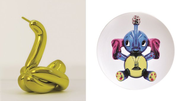 A gauche, adaptation d’une sculpture monumentale, de plus de 3 mètres de haut, en acier inoxydable poli miroir. Existe aussi en version Ballon Monkey, Ballon Rabbit et en 5 couleurs : magenta, bleu, orange, rouge et jaune. Modèle Ballon Swan, édition limitée à 999 exemplaires (H 24 x l 16,4 x P 21 cm), 12 600 €. A droite, coupe Elephant en porcelaine (diamètre : 31 cm), 492 €. Créations Jeff Koons pour Bernardaud.