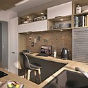 Une ambiance bureau pour petits espace. Façades blanc polaire mat, et un plan de travail stratifié chêne de Bourgogne structuré, modèle Kiffa 4 464 € + 38 € d’éco-part.