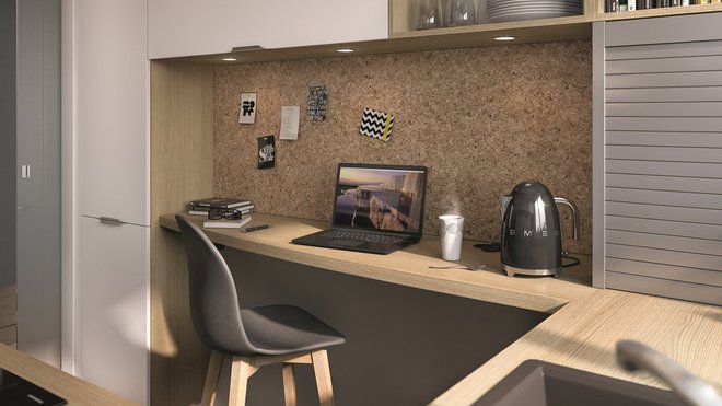 Une ambiance bureau pour petits espace. Façades blanc polaire mat, et un plan de travail stratifié chêne de Bourgogne structuré, modèle Kiffa 4 464 € + 38 € d’éco-part.