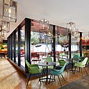 Au milieu du lobby de citizenM gare de Lyon, est implanté le patio vitré. D’un côté le bar et la cuisine ouverte et de l’autre societyM, zone composée de salles de réunion.