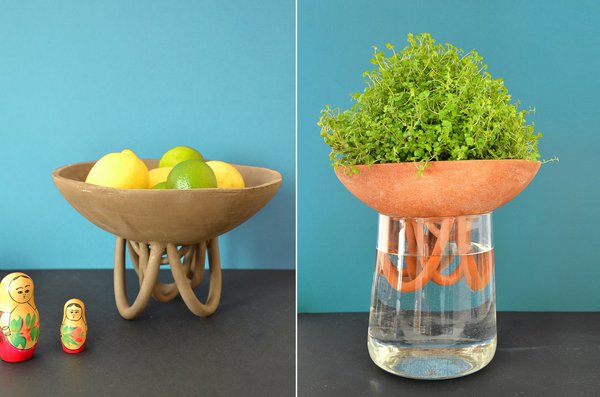 Inspiré des plantes tropicales aux racines aériennes plongeant dans les eaux troubles de la mangrove, pot Rhizo qui maintient la terre à humidité constante. Création Mélitine Courvoisier.