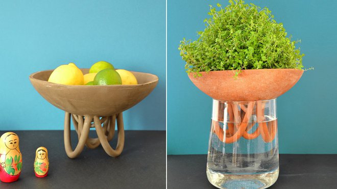 Inspiré des plantes tropicales aux racines aériennes plongeant dans les eaux troubles de la mangrove, pot Rhizo qui maintient la terre à humidité constante. Création Mélitine Courvoisier.