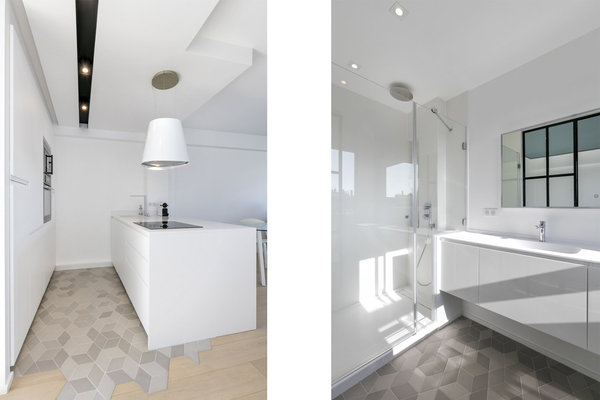 Les sols de la cuisine et de la salle de bains ont été revêtus d’un carrelage composé d’éléments en forme de losange qui offre un calepinage aléatoire dans un dégradé de tons neutres, gris et beiges (Tex, création Raw and Edges, chez Mutina).