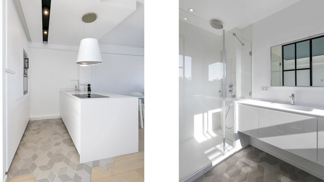 Les sols de la cuisine et de la salle de bains ont été revêtus d’un carrelage composé d’éléments en forme de losange qui offre un calepinage aléatoire dans un dégradé de tons neutres, gris et beiges (Tex, création Raw and Edges, chez Mutina).