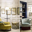 Les associations de couleur réinventent l’esprit classique des tissus damassés et des velours capitonnés. A noter les longues franges en contraste à la base des fauteuils qui changent tout ! Et la bibliothèque laquée bleu marine qui réveille les moulures et corniches.