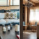 A gauche, camaïeu de bleus sur le canapé du salon avec des coussins qui jouent avec tous les tons de bruns des matières naturelles. A droite, la sophistication d’un lustre à pampilles pour briser le côté rustique du chalet et des chaises design à la couleur céleste pour s’associer aux nuances miel du bois qui tapisse entièrement l’espace.