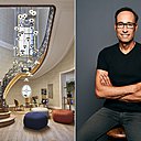 Dans la cage d’escalier, un lustre composé de 31 suspensions en cascade met en relief l’espace (modèle de base Flower Pot VP1 en version cuivrée, création Verner Panton en 1968, réédité par AndTradition. A droite, Michel Penneman, designer d’intérieur, qui a réalisé plusieurs hôtels à Bruxelles : Le White Hotel, Le Pantone Hotel, Le Vintage Hotel, Le Zoom hotel et très récemment Le Yadoya Hotel.