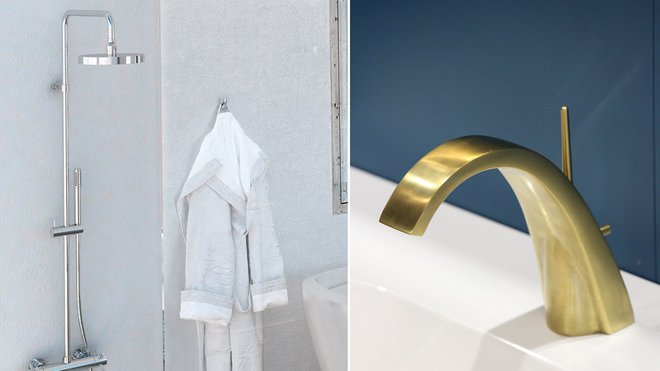 Finesse et élégance pour ces nouveautés haut de gamme. Colonne de douche mitigeur thermostatique et pomme de douche, douchette sur coulisseau. Mitigeur Nouvelle Vaghue, finition or mat brossée, les deux Horus.