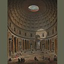 L’intérieur du Panthéon de Rome présente une voûte en demi-sphère et une coupe circulaire qui figure un œil. Cet oculus géant de 8 mètres de diamètre joint le cosmos à la terre, le spirituel et le temporel, reçoit et diffuse la lumière. Photo : Intérieur du Panthéon à Rome, Giovanni Paolo Panini, huile sur toile, 1747.