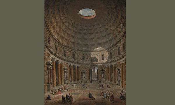 L’intérieur du Panthéon de Rome présente une voûte en demi-sphère et une coupe circulaire qui figure un œil. Cet oculus géant de 8 mètres de diamètre joint le cosmos à la terre, le spirituel et le temporel, reçoit et diffuse la lumière. Photo : Intérieur du Panthéon à Rome, Giovanni Paolo Panini, huile sur toile, 1747.