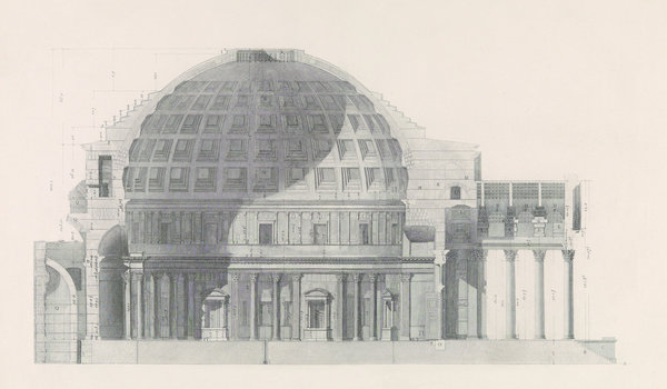 Troisième matrice de l’histoire des globes en architecture, le Panthéon de Rome a été conçu par Apollodore de Damas pour l’empereur Hadrien. Il était dédié à tous les dieux. Photo : Pantheum (Panthéon), Francesco Piranesi, Raccolta de’ tempj antichi, vol 3, 1780