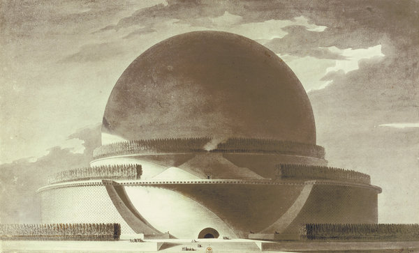 Ce projet de Cénotaphe, hommage à Newton, a été décliné en deux versions : l’une avec une sphère armillaire au centre, une voûte épaisse et une sorte d’esplanade en pied assez large autour du mausolée ; l’autre avec une voûte céleste s’affinant dans les hauteurs et une base plus resserrée. Projet de cénotaphe de Newton, Etienne-Louis Boullée, élévation géométrale.