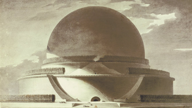 Ce projet de Cénotaphe, hommage à Newton, a été décliné en deux versions : l’une avec une sphère armillaire au centre, une voûte épaisse et une sorte d’esplanade en pied assez large autour du mausolée ; l’autre avec une voûte céleste s’affinant dans les hauteurs et une base plus resserrée. Projet de cénotaphe de Newton, Etienne-Louis Boullée, élévation géométrale. Ce projet de Cénotaphe, hommage à Newton, a été décliné en deux versions : l’une avec une sphère armillaire au centre, une voûte épaisse et une sorte d’esplanade en pied assez large autour du mausolée ; l’autre avec une voûte céleste s’affinant dans les hauteurs et une base plus resserrée. Projet de cénotaphe de Newton, Etienne-Louis Boullée, élévation géométrale.