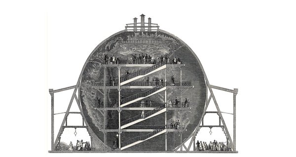 Ce géorama, sorte de panorama tridimensionnel servait à l’éducation, la recherché et le divertissement. La spirale distributive mène au spectacle inédit de la Terre vue de l’intérieur, retournée sur elle-même, elle devenait visible d’un seul coup d’œil. Maquette de la Terre, Leicester Square, Londres, Illustrated London News, 1851.