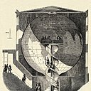 Ce projet franco-anglais de Charles-François-Paul de Langlard et Pierre-Magloire Châtelain (1822-1833), baptisé Géorama, propose de représenter la Terre à l’intérieur d’une sphère creuse. Sur cette rotondité interne figurent continents et océans. Géorama, paru dans L’illustration, 1846.