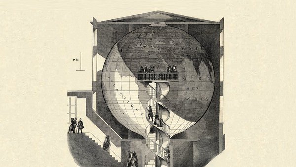 Ce projet franco-anglais de Charles-François-Paul de Langlard et Pierre-Magloire Châtelain (1822-1833), baptisé Géorama, propose de représenter la Terre à l’intérieur d’une sphère creuse. Sur cette rotondité interne figurent continents et océans. Géorama, paru dans L’illustration, 1846.