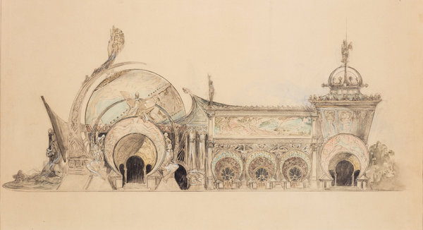 Dans les courbes de l’Art nouveau, la rotondité de la terre trouve un terrain pour s’exprimer. Projet pour le pavillon de l’Homme à l’Exposition universelle de 1900, Alphonse Mucha, troisième version, 1897.