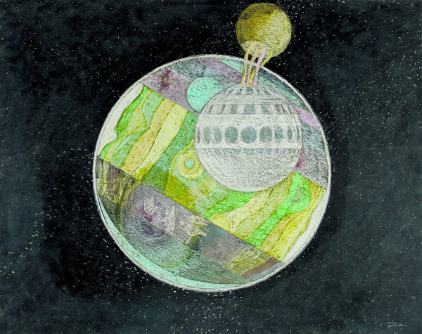 Ce projet de Paolo Soleri, architecte et urbaniste italien, s’inscrit dans une série de stratégies d’urbanisations cosmiques. Leur illustration prend le contre-pied de son dessin, habituellement dense et technique, et privilégie des formes simples, une composition et une utilisation de couleurs faussement naïves. The bulb, Paolo Soleri, 1987.