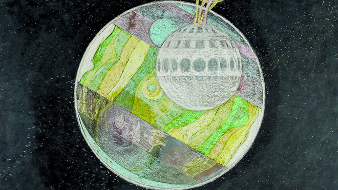 Ce projet de Paolo Soleri, architecte et urbaniste italien, s’inscrit dans une série de stratégies d’urbanisations cosmiques. Leur illustration prend le contre-pied de son dessin, habituellement dense et technique, et privilégie des formes simples, une composition et une utilisation de couleurs faussement naïves. The bulb, Paolo Soleri, 1987. Ce projet de Paolo Soleri, architecte et urbaniste italien, s’inscrit dans une série de stratégies d’urbanisations cosmiques. Leur illustration prend le contre-pied de son dessin, habituellement dense et technique, et privilégie des formes simples, une composition et une utilisation de couleurs faussement naïves. The bulb, Paolo Soleri, 1987.