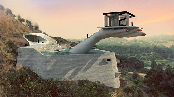 Située sur la colline d’Hollywood, cette maison extravagante, née de l’esprit de l’architecte Andreas Angelidakis, symbolise les contradictions de la vie et du statut des célébrités. Construite sur une plateforme en béton, elle offre l’intimité totale de chambres cachées dans des grottes et l’exposition totale d’un pavillon de verre sur le plateau d’une main gigantesque. Et lorsque la pluie tombe, le bassin de sa piscine, d’où émerge la main, se remplit. Hand house, Los Angeles, USA.