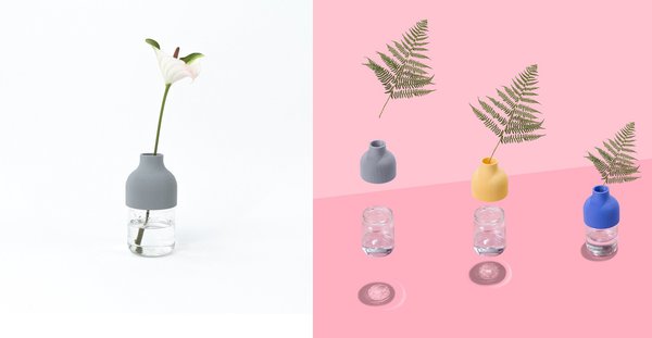Vase 1 est une création qui permet d’utiliser un récipient simple en verre qui sert de réservoir d‘eau et qui se visse sur la partie supérieure imprimée en 3D.