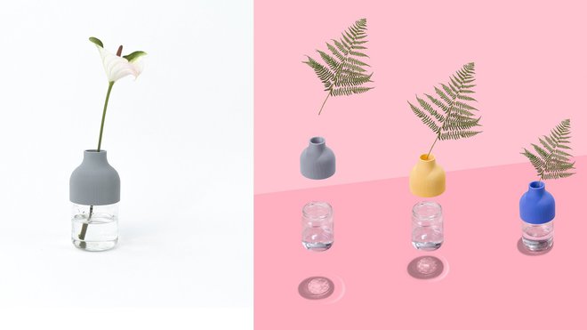 Vase 1 est une création qui permet d’utiliser un récipient simple en verre qui sert de réservoir d‘eau et qui se visse sur la partie supérieure imprimée en 3D.